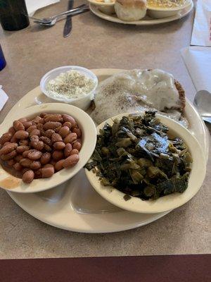 Country fried steak, collards, pinto beans & cole slaw.