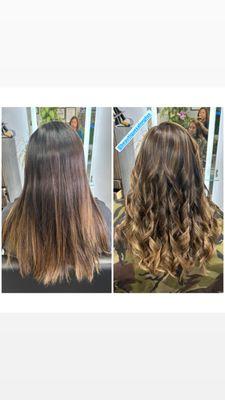 Before and After Brunette balayage , layer haircuts and big wave style