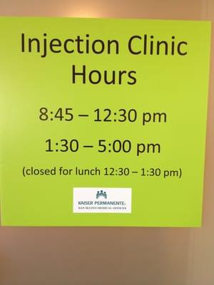 Injection clinic hours: 12-02-2013