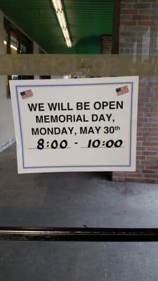 Memorial Day hours 2016