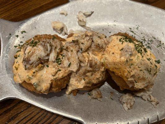 Fried eggplant topped with crab meat