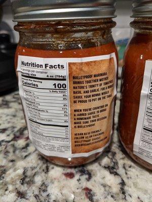 Bulletproof Marinara Sauce back label and nutrition facts.