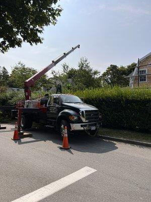 Reaching out over the hedge and over a fence.  All debris was hoisted into the road for processing.