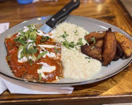 Guajillo Chicken with Cheesy rice and fried Plantains