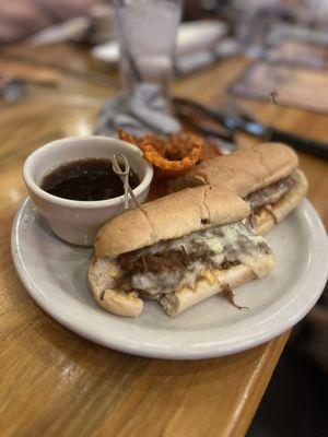 Brisket French dip with sweet potato fries