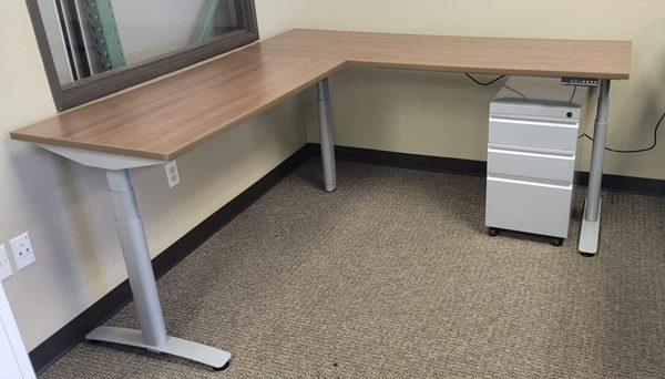 Used Sit Stand L Shape Desks Walnut Finish Silver Base