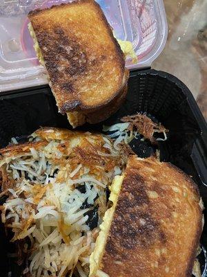 This was supposed to be my dinner tonight. 80% of the Hash Browns were burnt the bread was so hard and burnt it was inedible.