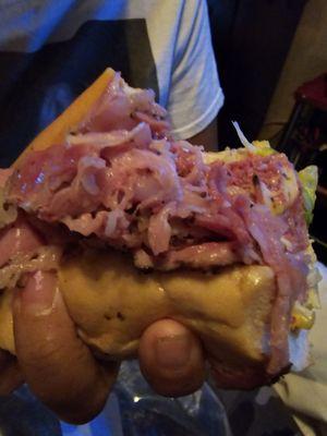 2 way combo, corn beef & pastrami with cheese on hoagie