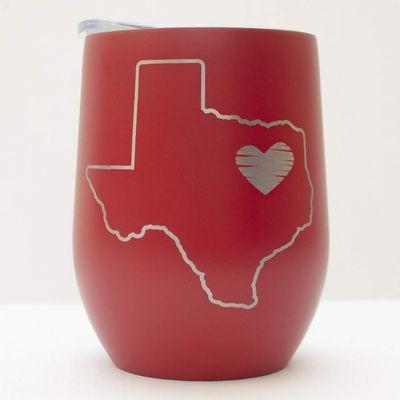 Laser Engraved "Heart of Texas" wine tumbler in matte red with lid