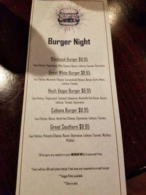 Wednesday night Burger menu at the AU club.