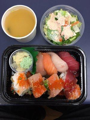 Thursday lunch special at Tokyo Express. Rainbow roll with 4 nigiri, soup and salad for $14.99.