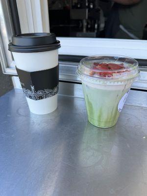 White chocolate mocha and strawberry matcha iced latted with strawberry cold foam