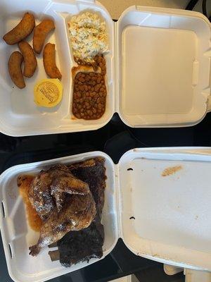 Half chicken, half rib dinner with beans, slaw and hush puppies.