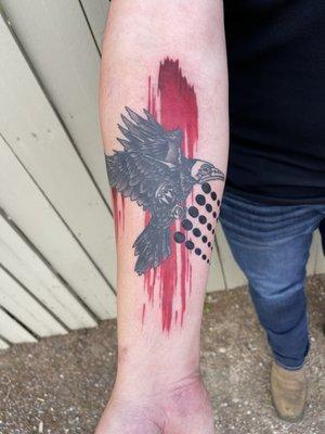 Black work crow with abstract elements, tattooed by Scott McClanahan