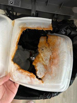 Melted box. Food in trash. No refund.