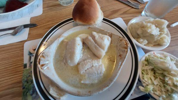 Haddock  in wine with mashed and Cole slaw