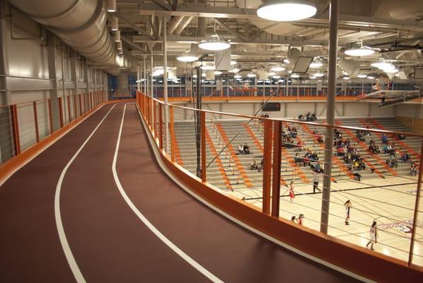 The running track in EvCC's Student Fitness Center overlooks the gym floor.