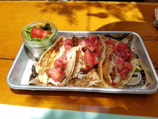 Fried chicken pancake tacos with strawberry salsa