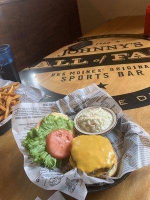 Double patty cheeseburger with coleslaw