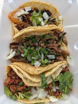 Top to bottom (Pastor, Carne Asada, Chorizo) On corn Tortillas. Delicious!!