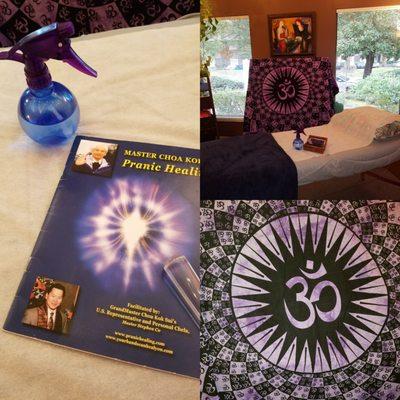 Spiritual items and Pranic Healing reference materials.