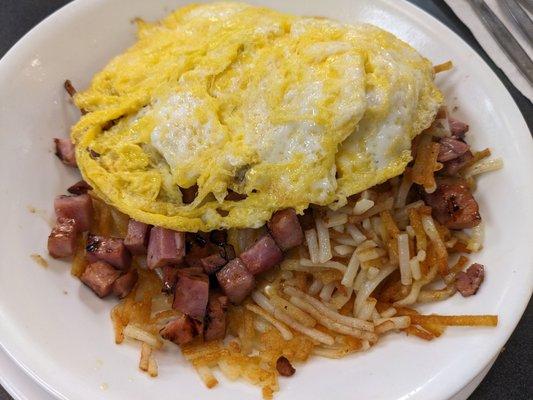 Ham and egg and cheese hash browns bowl.