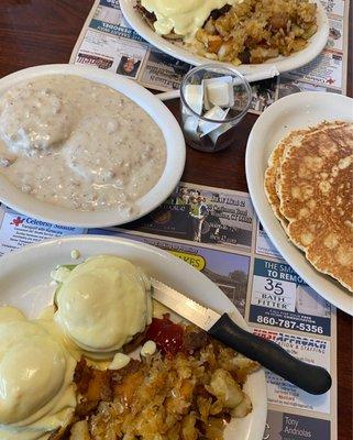 Biscuit and gravy, eggs Benedict, banana nut pancake