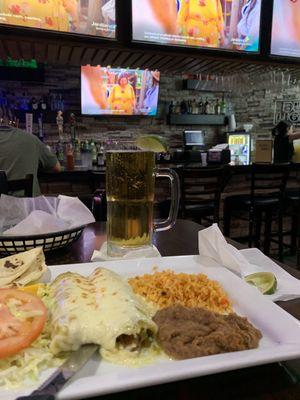 Enchiladas verde extra tortillas , tall Dos Equis for $1 more