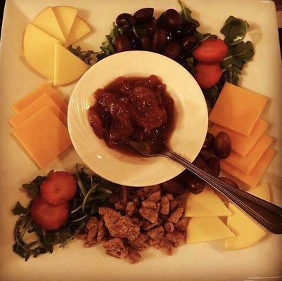 Cheese plate: tomato jam (restaurants special recipe!) candied pecans, olives (Brie and garlic crustinis on side not pictured)