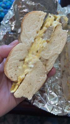 Sausage egg and cheese on a bagel