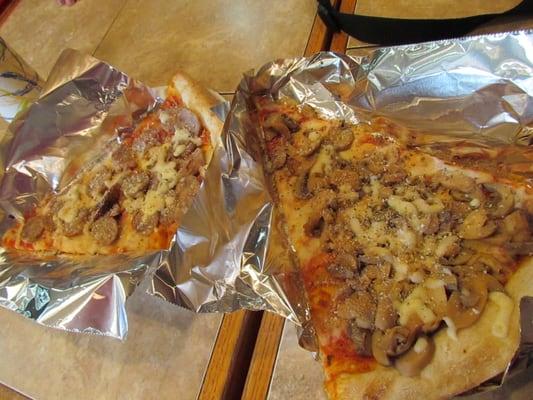 Sausage pizza and mushroom pizza