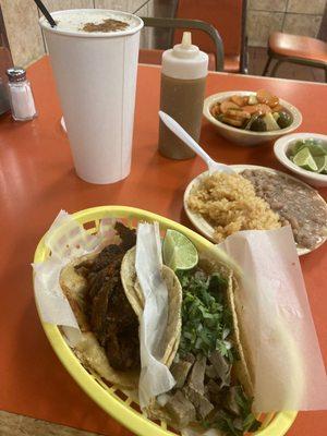 Tacos de al pastor and taco de lengua.Banana shake.