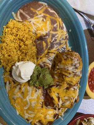 #4 combo. Chicken chimichanga cheese enchilada rice & beans