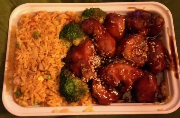 Great portion size for a take out dinner combo. Sesame chicken with broccoli and pork fried rice.