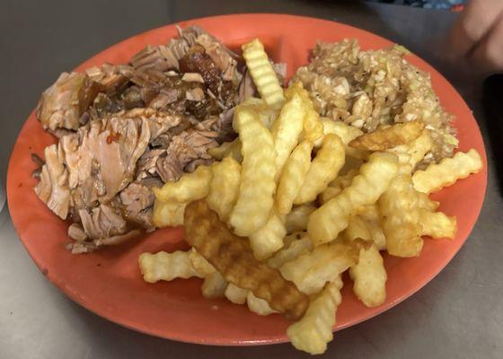 Corse chopped pork with bbq slaw and fries.