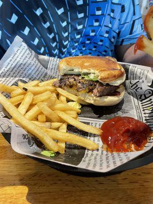 Bacon cheeseburger and fries