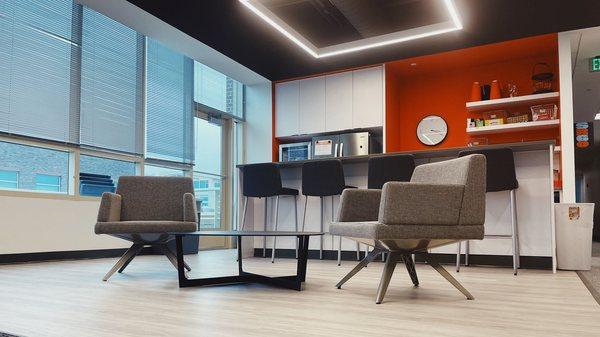 Seating area within the kitchen at the Swanson Russell office in Aksarben Village in Omaha, NE