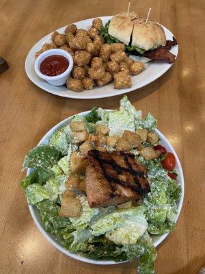 Standard BLT w/ Tater Tots and Cesar salad with grilled Teriyaki Salmon