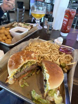 Hamburger, add jalapeños, pepper jack, and side of onion strings