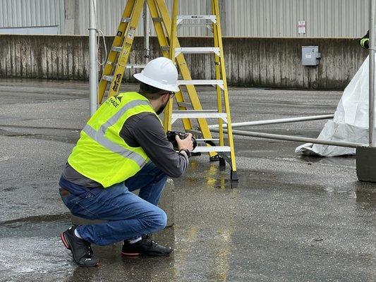 Wearing safety gear as we shoot for a client