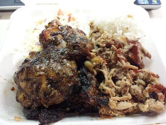 3 Meat Combo - Asian beef short ribs, chicken, pulled pork - served with rice and coleslaw.