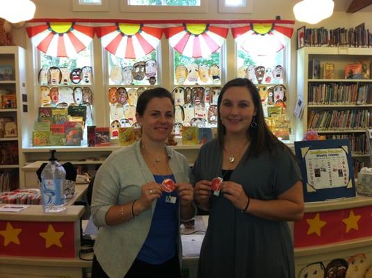 Jamie and Michelle (and other staff members at the Brookhaven Free Library) are sporting freshly minted buttons.