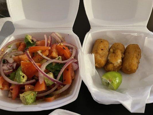 Croquettas De La Abuela (fish) and tomato avocado salad