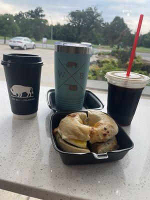 Latte, cold brew, bagel breakfast sandwich and my new fav mug!