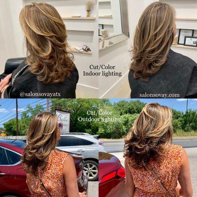 My client w/ bronde balayage/babylights and long layers both indoor and outdoor lighting so you can see the difference. -Sovay