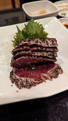 Pepper tuna (blue fin). Comes with soy dressing