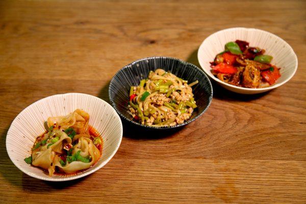 spicy wontons, minced pork noodles and stewed pork intestines