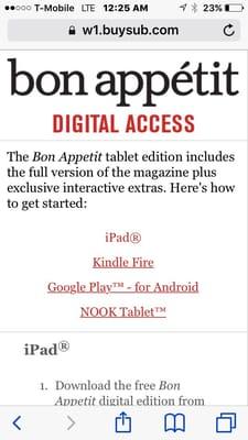 List of devices on Bon Appitite's digital access page. No iPhone access