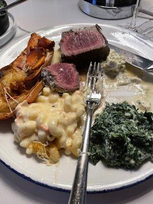 8oz filet Half lobster tail Truffle butter Creamed spinach Lobster Mac and cheese