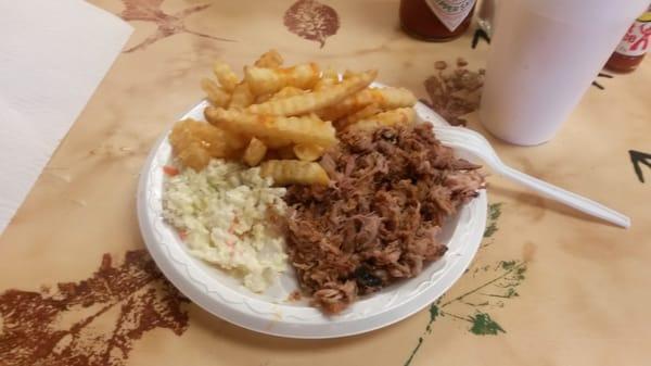 Pulled  BBQ pork plate,  fries  and slaw.  Perfect low  cal fat free  lunch.  Awesome  as always.